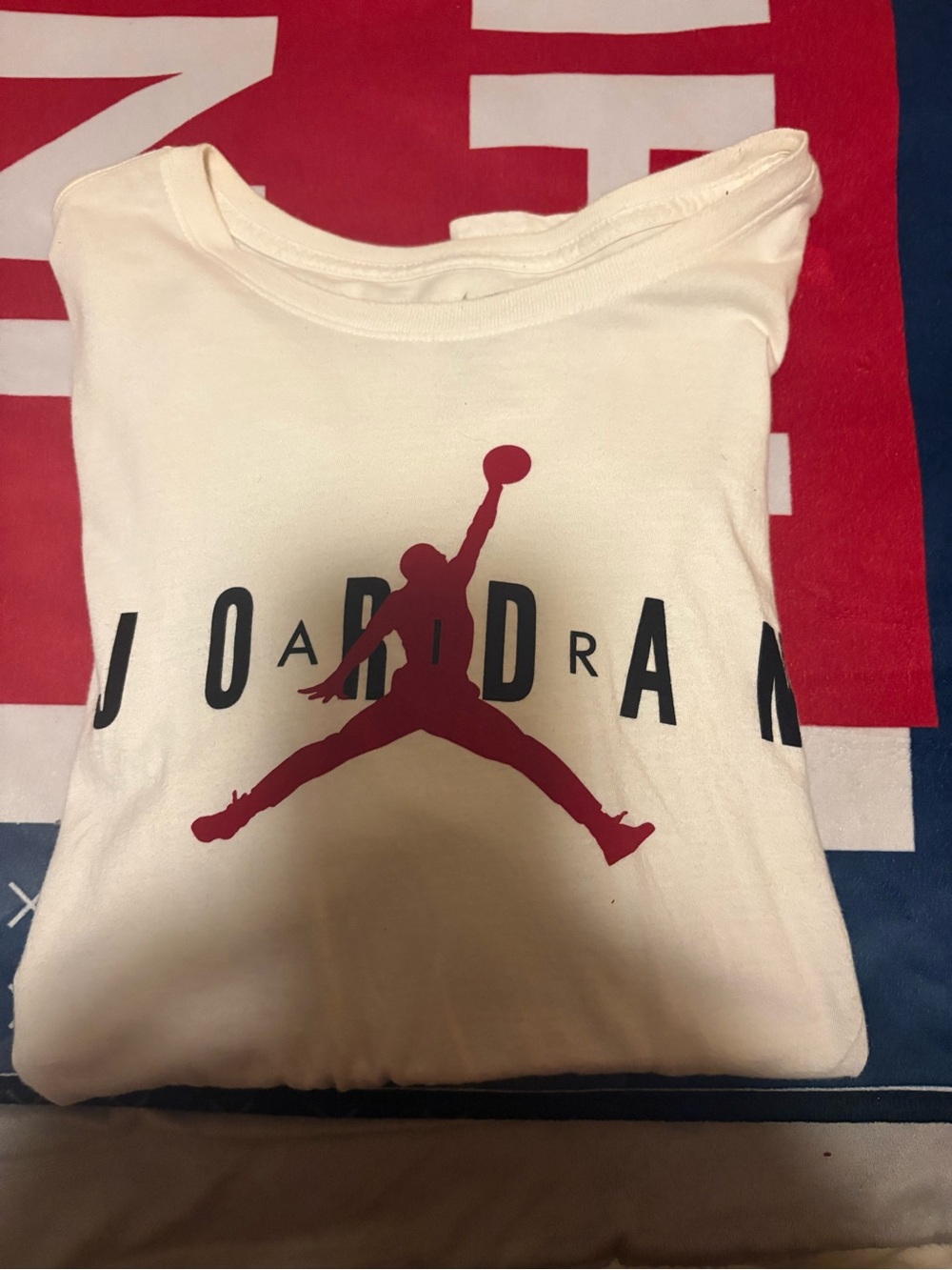 Nike White Long Sleeve Tee with Red Jumpman and Black Jordan Lettering